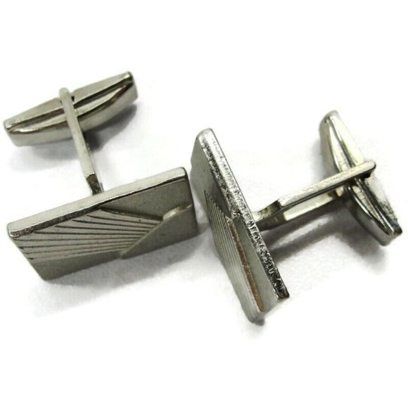 Cufflinks Rectangular Silver Tone Tux Shirt Vintage Pat No - Picture 3 of 8
